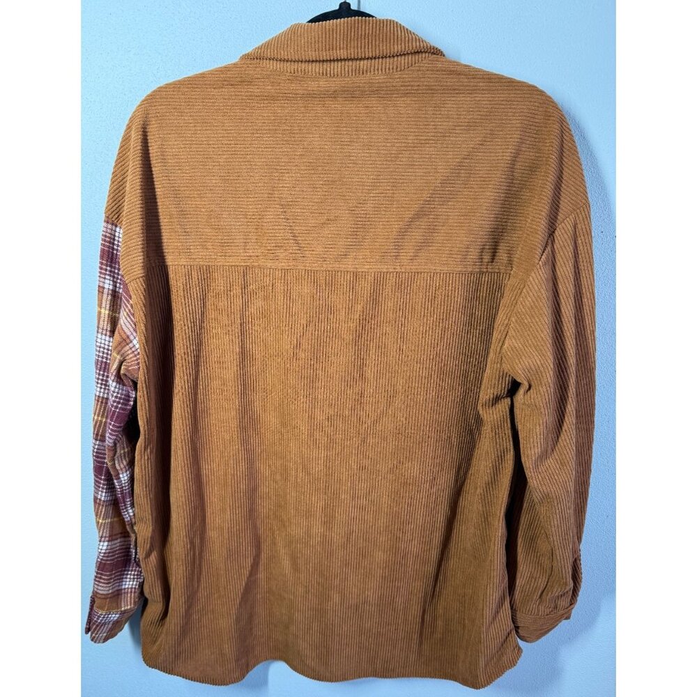 NWT N.Y.L.A. Patchwork Corduroy Flannel Shacket Womens Large‎ Brown/Burgundy - Picture 2 of 12